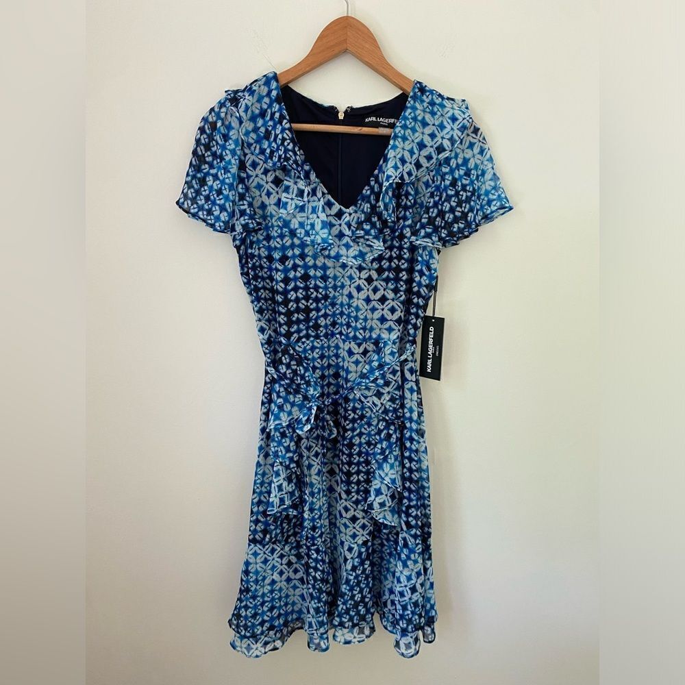 KARL LAGERFELD PARIS  Blue Printed Flutter Sleeve Dress - Picture 7 of 16